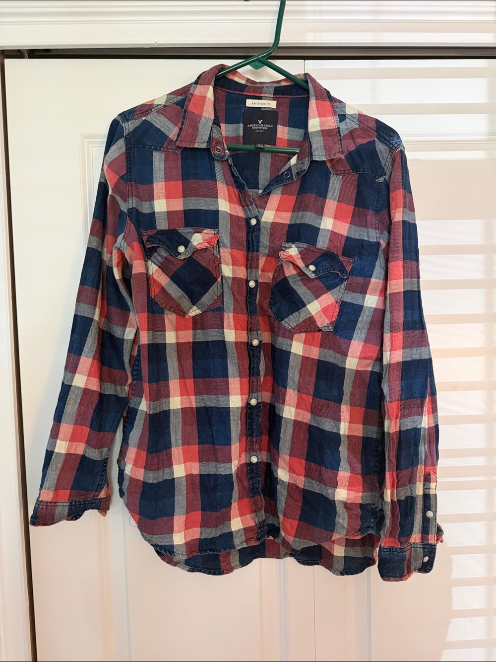 American Eagle Outfitters Red, Blue & White Plaid Button-Down Shirt